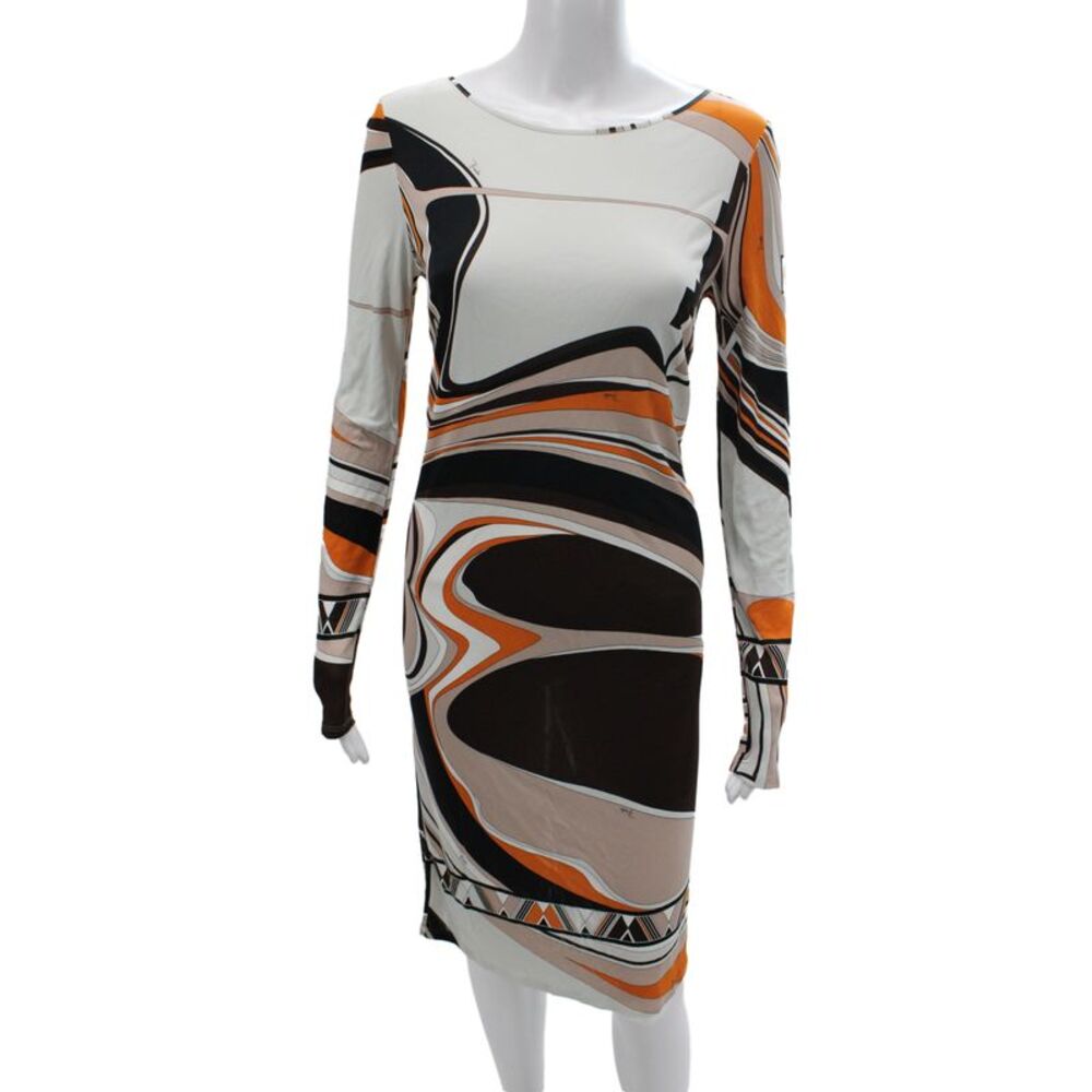 Emilio Pucci Women Sheath Dress Beige Geometric Long Sleeve Size S